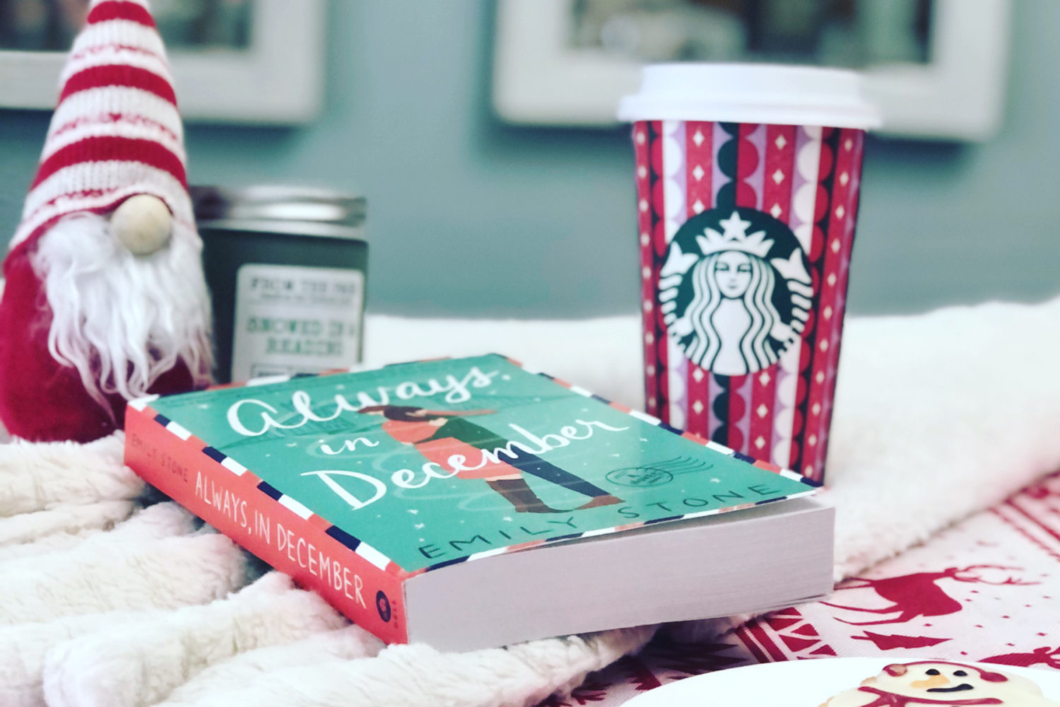 Book cover of Always in December with a coffee cup