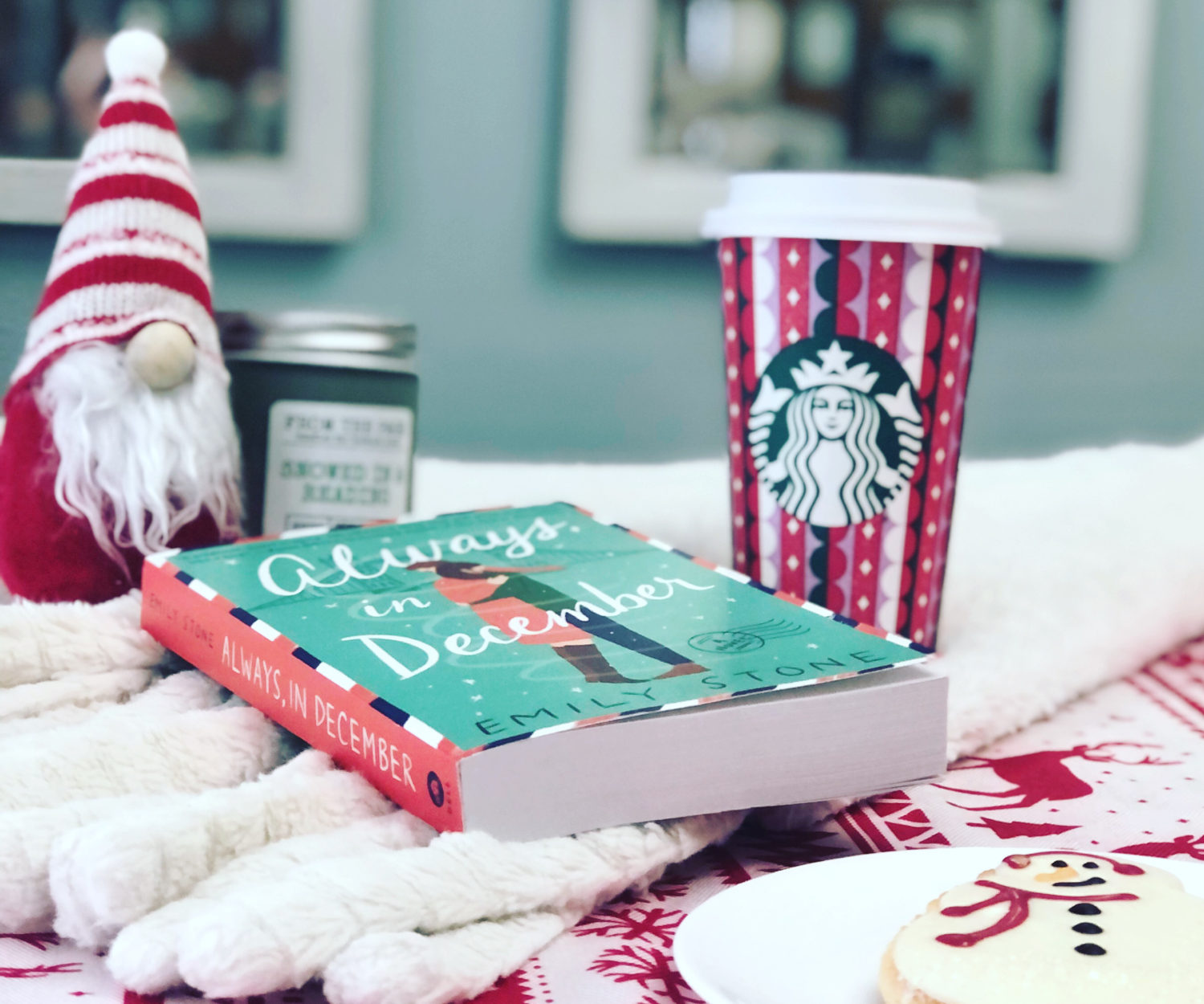 Book cover of Always in December with a coffee cup