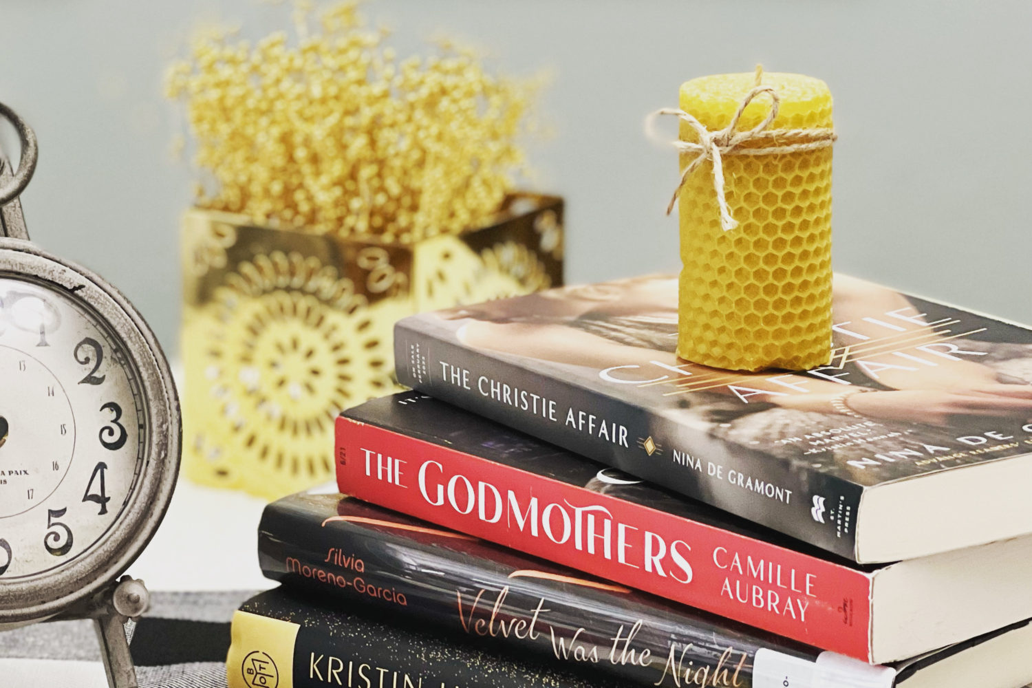 Book stack with decorative items