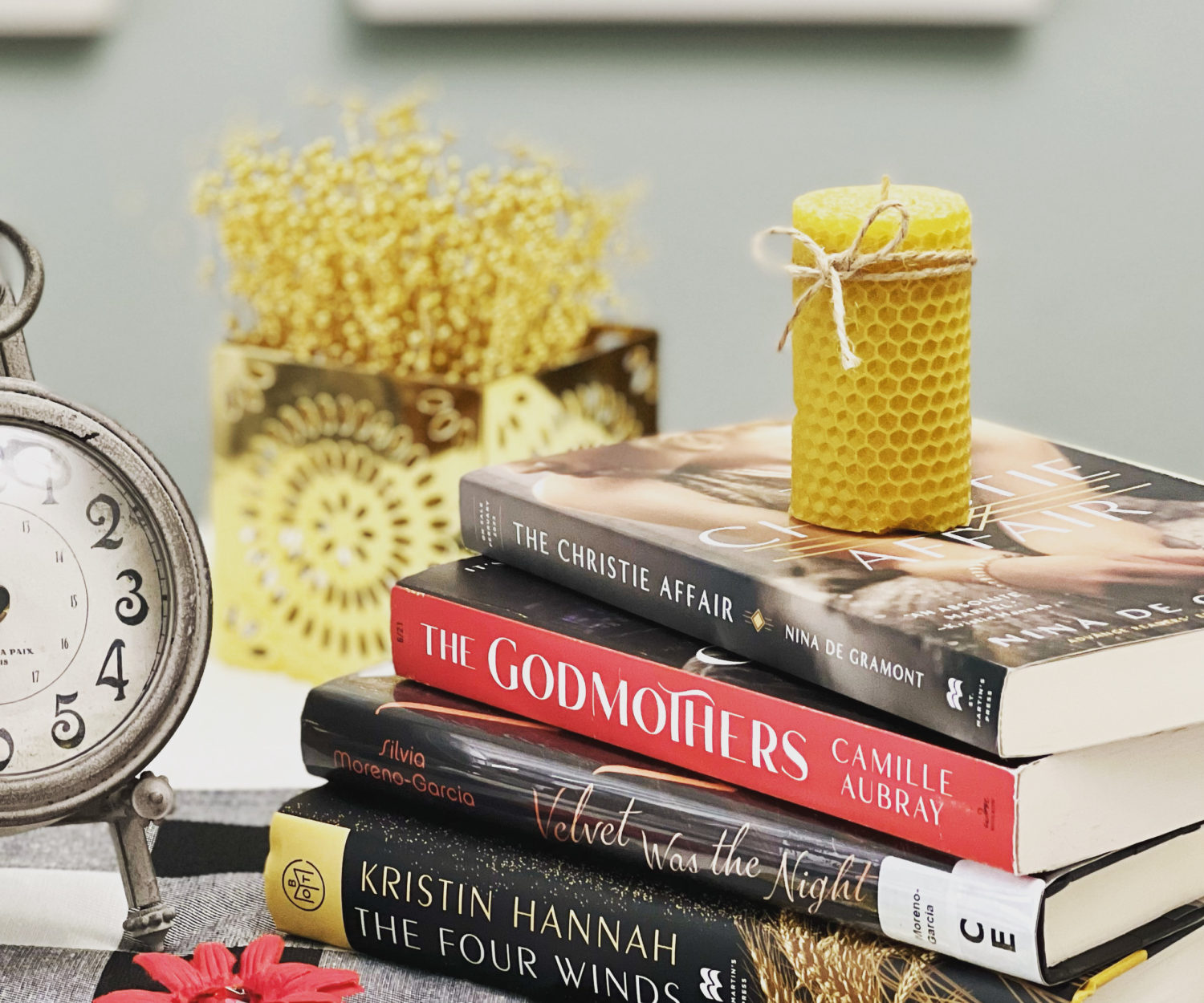 Book stack with decorative items